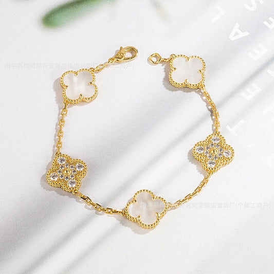 Moonshine Clover Gold Mother of Pearl and Diamond Bracelet