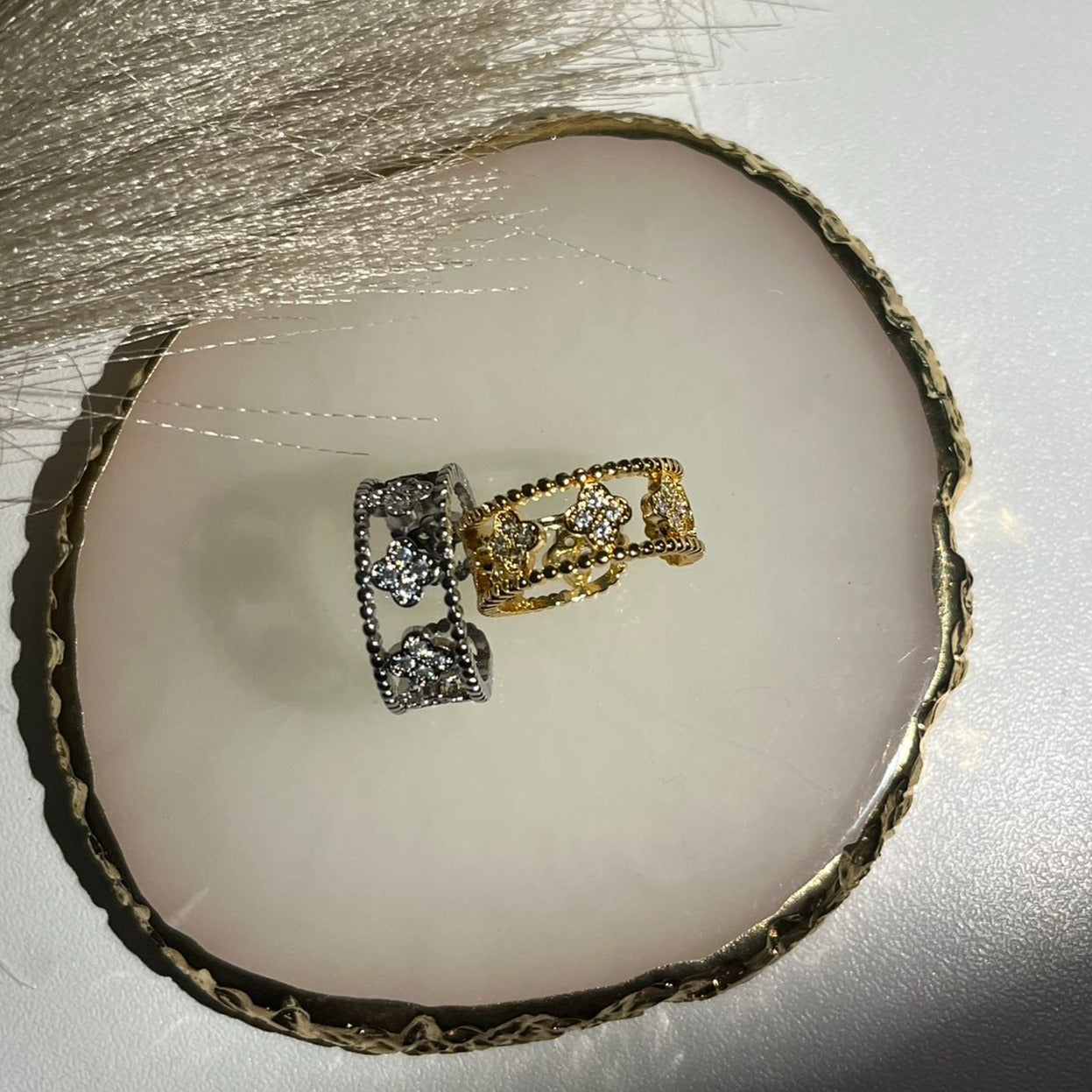 Silver Crystal Clover Adjustable Ring